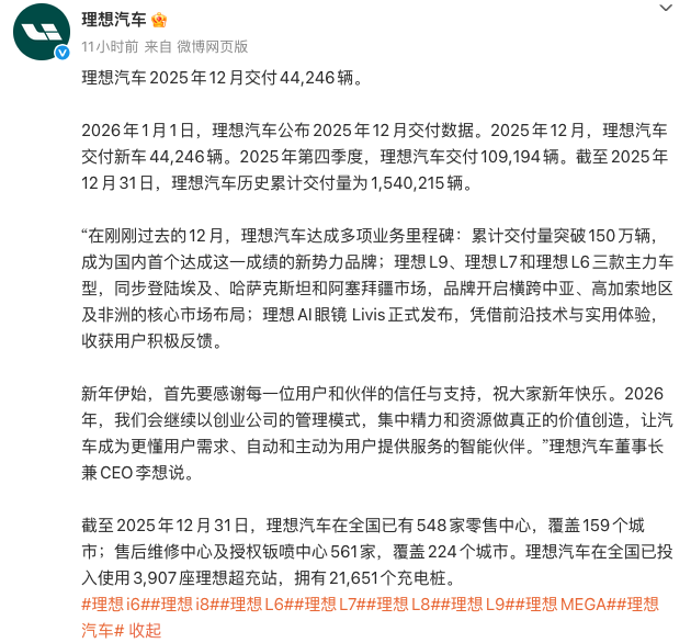 理想汽车2025年12月交付4.4万辆 累计交付破150万成新势力首个达成品牌